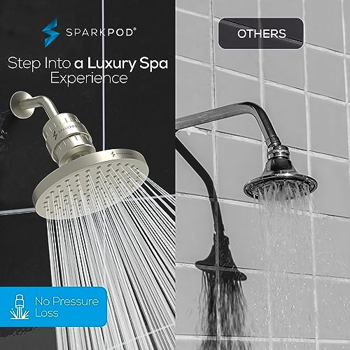 Image of SparkPod Filtered Shower Head, 23-Stage, 8 inch Round, Brushed Nickel | Showerhead for Hard Water, High Pressure, Reduces Chlorine, Heavy Metals, For Dry Skin & Hair, Removable Capsule Filter