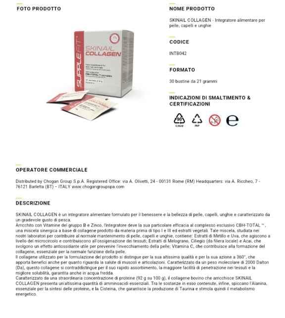 COLLAGENE SKINAIL - Integratore alimentare per pelle, capelli e unghie 30 bustine da 21 grammi | Con complesso esclusivo CBH-TOTAL