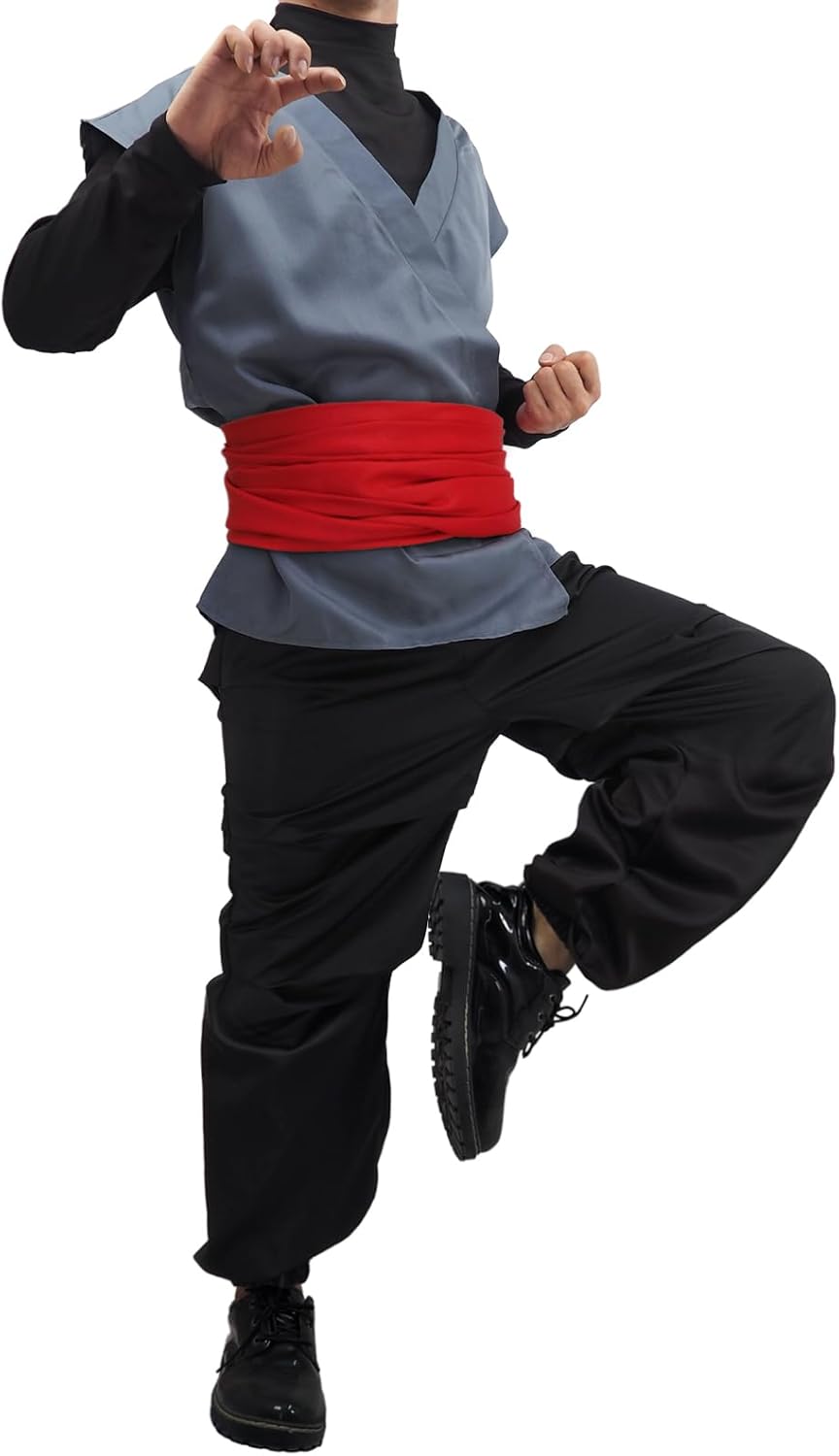 Anime Kung Fu Cosplay Costume Set, Black and Gray Uniform with Red Belt, Halloween Full Outfit