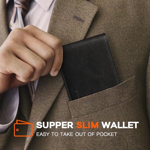 Image of RUNBOX Wallet for Men Slim Leather Bifold RFID Blocking Minimalist Front Pocket Design with Gift Box | Minimalist Front Pocket Design, Holds 8 Cards, RFID Protection, Gifts for Men on Birthdays, Father's Day, and Christmas