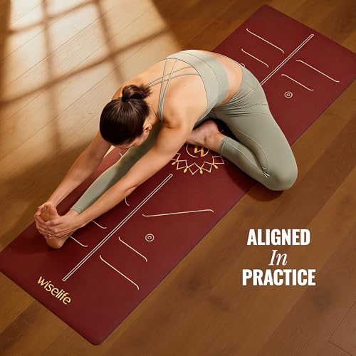 Image of WiseLife Lotus Alignment 10mm Yoga Mat with Strap | Non-Slip Thick Exercise Mat for Yoga, Pilates, Gym & Flexibility Training (Wine)