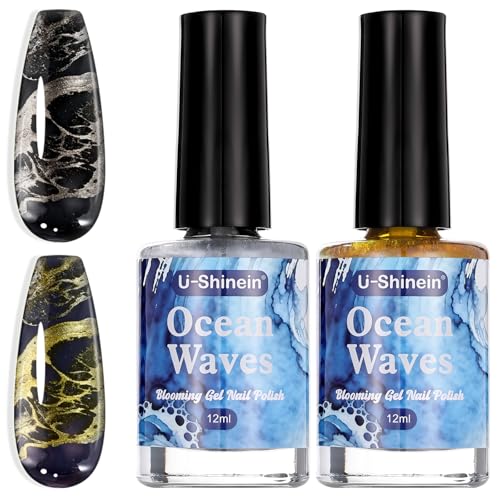 U-Shinein Blooming Gel Nail Polish, Glitter Silver Gold Marble Effect,
