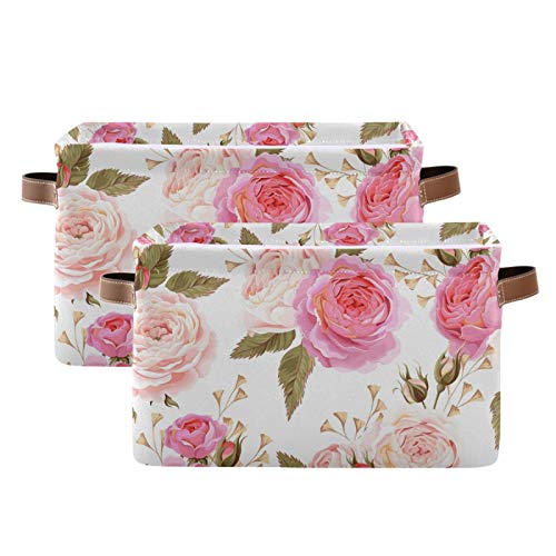 Susiyo Large Foldable Storage Bin, Floral Pink Roses Fabric Storage Baskets Collapsible Decorative Baskets Organizing Basket Bin With Pu Handles For Shelves Home Closet Bedroom Living Room-2Pack #TOP22