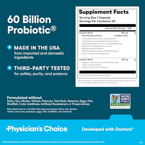 physician39s choice probiotics 60 billion cfu - 10 strains  organic prebiotics - immune digestive amp gut health - supports occasional constipation diarrhea gas amp bloating - for women amp men - 60ct