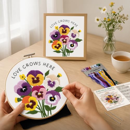 Image of Nuberlic Pansy Flower Embroidery Kit for Beginners Cross Stitch Kits- Complete Starter Set with Hoop, Pre-Printed Fabric, Threads & Needles