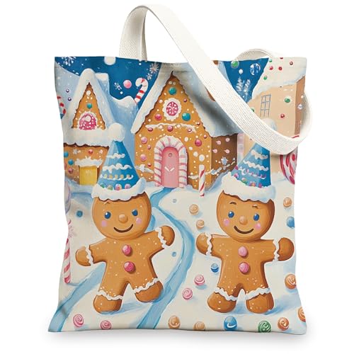 Bolsa de lona de Navidad con diseño de casa de jengibre para compras, 13 x 15 pulgadas, bolsa de comestibles reutilizable para mujeres, diseño estético de Año Nuevo, decoración de regalo