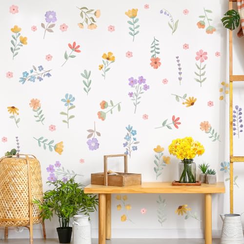 Boho Watercolor Flower Wall Decals - Removable Wildflower Art for Girls Bedroom, Nursery, Kids Room - DIY Cute Vinyl Murals Decorations