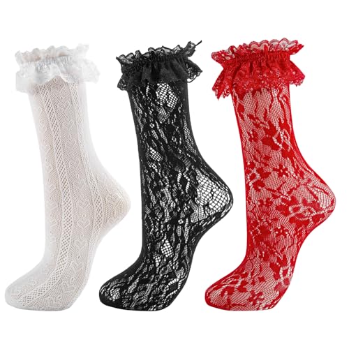 Image of Women Lace Ruffle Socks White Black Frilly Lolita Crew Dress Socks | Womens Ankle Lacy Ruffled Socks Adult Cute Soft Cotton Thin Sexy Mesh Lace Trim 80s Casual Church Socks for Ladies Big Girls