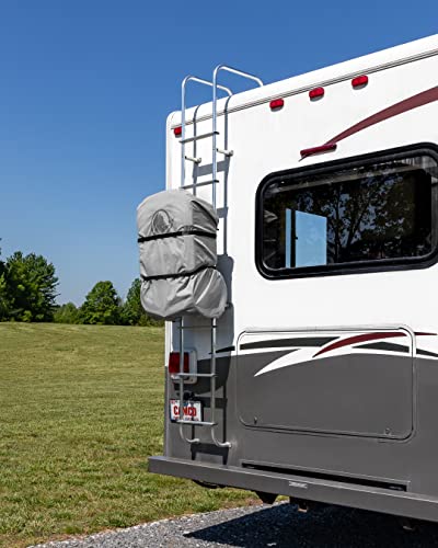 Image of Camco Rhino RV Tote Tank Nylon Cover Accessory with Cinch Strap, Elastic Edges, and Water Drainage Grommet for 28 and 36-Gallon Tanks, Large, Gray