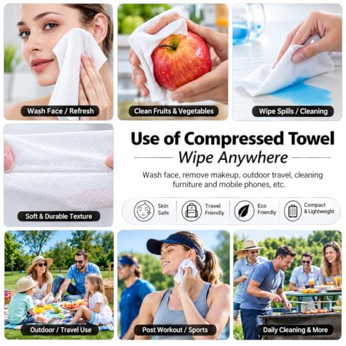 Image of Adbeni Disposable Face Towel Compressed Tablets 40 Pcs, Premium Wipes Hygienic & Chemical Free Pack, Soft Cotton Absorbent Travel Tissue for Makeup Removal, Hand Cleaning, Camping, Beach, Salon