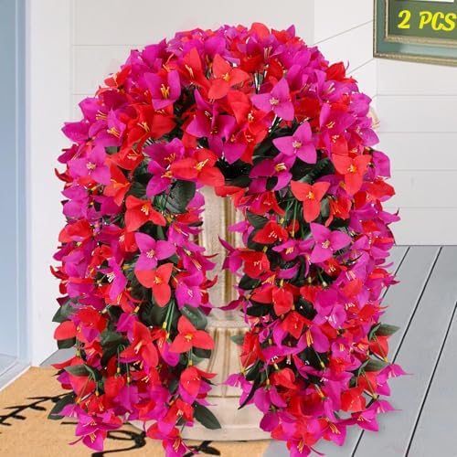 Artificial Bougainvillea Flowers for Outdoor Plant,2 pcs Faux Hanging Flowers Bougainvillea for Outside Decoration,Fake Silk UV Resistant Vines for Front Door Porch(Rose red+Fuchsia)
