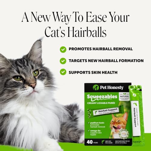 Image of Cat Hairball Remedy Lickable Treats - Squeezable Puree Pouches for Hairball Treatment, Furball Relief Control Supplement with Fiber and Fish Oil for Indoor Cats, Skin + Coat, Digestion (Salmon, 40 Ct)