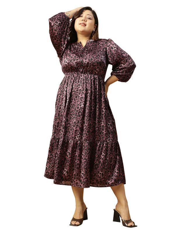 Women Plus-Size Satin Round-Neck Long-Sleeve Maxi Dress with Button Closure and Elasticated Waist Detail-image-46