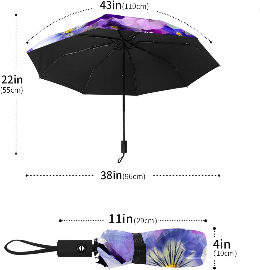 Compact Travel Umbrella Purple Pansy Flower Small Folding Sun & Rain Umbrellas Windproof Mini Auto Open & Close Portable Umbrella Parasol for Women Men