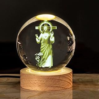 Glowing Crystal Ball Night Light 3D Engraved Holy Family Figurine Statue with Wooden Stand Color Changing Light Glass Globe Religious Collection Christian Catholic Church Home Decor Gift