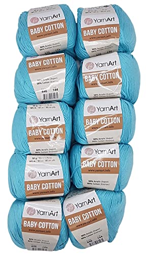 Baby Cotton YarnArt Lot de 10 pelotes de laine à tricoter, de 50 g chacune, avec 50 % coton, 500 g de laine unie, turquoise 446