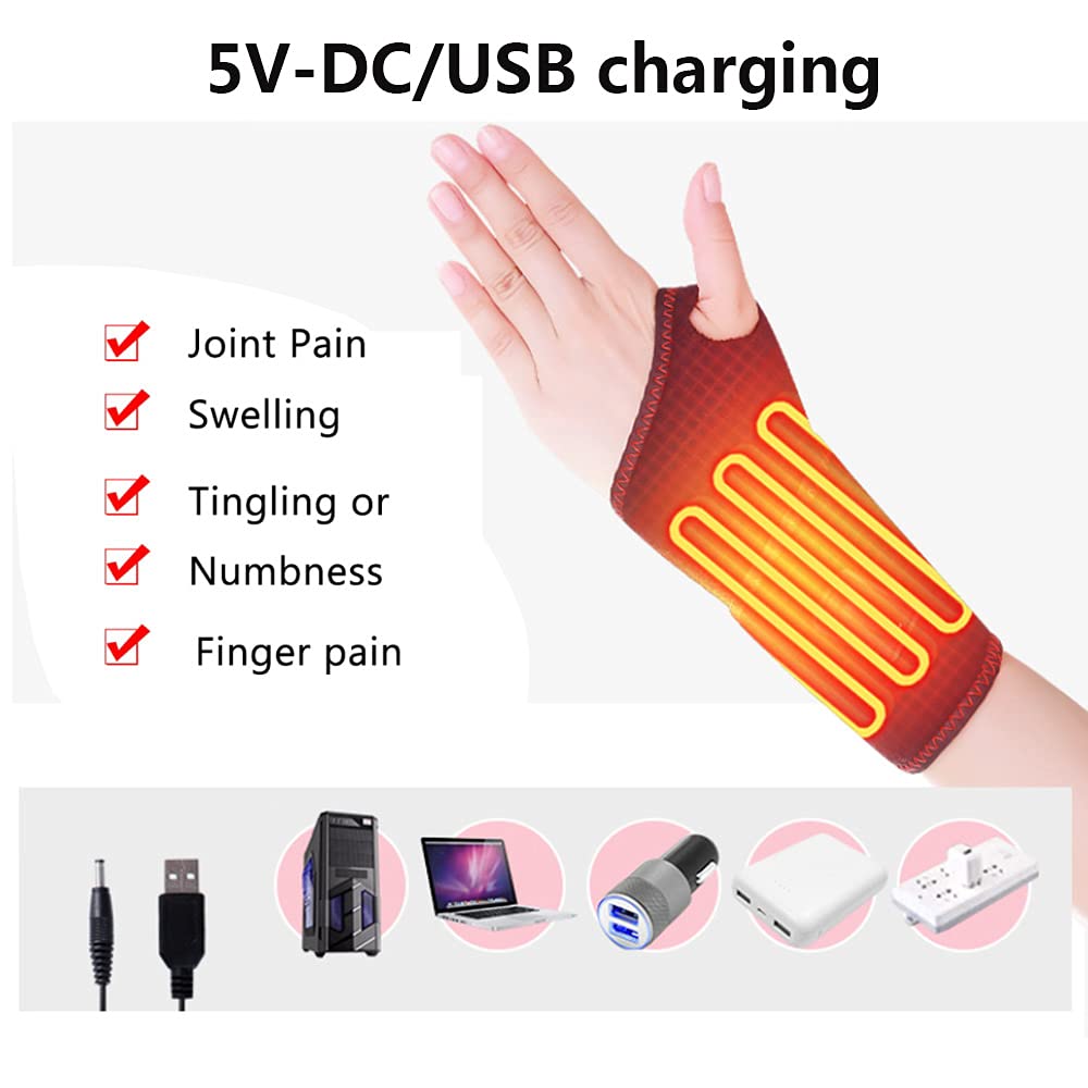 Fascia per Tutore Riscaldato per Polso, Riloer 3 Livelli Regolabili per Alleviare il Dolore Fascia per Tutore Riscaldato per Polso con Ricarica USB DC, Mano Giusto con Funzione di Massaggio