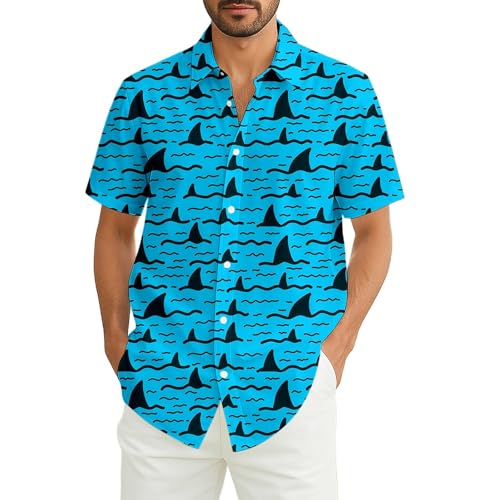 YOSUWOAI Men's Shirt with Shark Print Short Sleeve Button-Down Shirt for Outdoor Activities Summer Beach Party Shirt Loose Summer Shirt Lightweight Breathable Short Sleeve Shirt, P Sky Blue, L