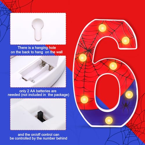 Image of Spider Led Number Light, Premium Blue and Red Number Led Light up Sign Spider Birthday Celebration Decorations for Boys Men Parties Birthday Celebration Decoration Supplies(Number 6)