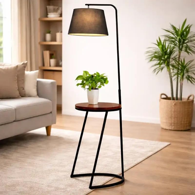 Modern Floor Lamp with Built-in Round Side Table, Black Fabric Shade, Black Metal Finish, 165 cm Tall Standing Reading Lamp with 180° Adjustable Head for Living Room, Bedroom & Office Decor-image-33
