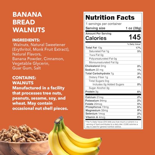 Image of Earthside Farms Banana Bread Walnuts Snack Packs, No Sugar Added Keto Friendly Nuts, Vegan Gluten Free Non GMO Plant Protein, Fiber 1oz Individual Bags 6 Count