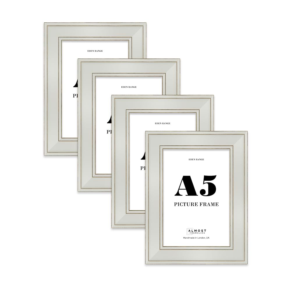 A5 Light Grey Picture Frame - Shabby Chic Photo Frame with Distressed Finish, Gold Trim, Wall Hooks and Kickstand, 37mm Edge - 4 Pack