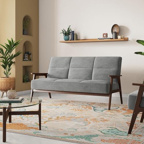 Image of Urban Ladder Logan 3 Seater Wooden Sofa in Grey Colour