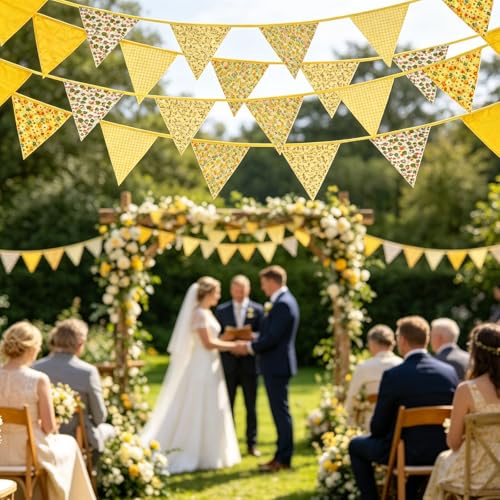 Image of Zwiebeco 32Ft Yellow Fabric Floral Pennant Banner Bunting Cotton Flowers Triangle Flags Party Decorations for Birthday Wedding Engagement Bridal Baby Shower Rustic Village Sweet Home Garden Decor