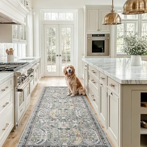 Madane Runner Rug 2'6''x8' Kitchen Runner, Hallway Runner Printed Vintage Washable Rugs Soft Non-Slip Low Pile 2.5x8 ft Runners for Hallways Laundry Room Rug Distressed Rug, Green/Gold