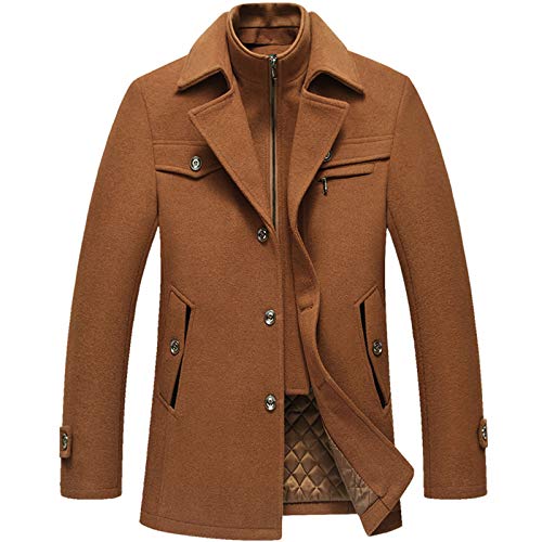 MWbetsy Herren Casual Wollmantel, Doppelkragen Slim Fit Langer Trenchcoat Winter Warme Dicke Abzugskragenjacke, mit abnehmbarem Wollständer Kragen Mantel,Braun,L Cover