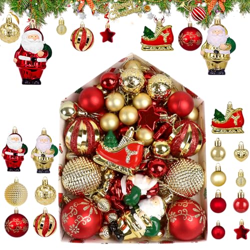 72 Piezas Bolas Arbol de Navidad, 2~6cm Bolas de Navidad Rojo y Dorado, Adornos Navideños para Arbol, Decoración de Bolas de Navidad Inastillable Plástico de Rojo Regalos de Colgantes de Navidad