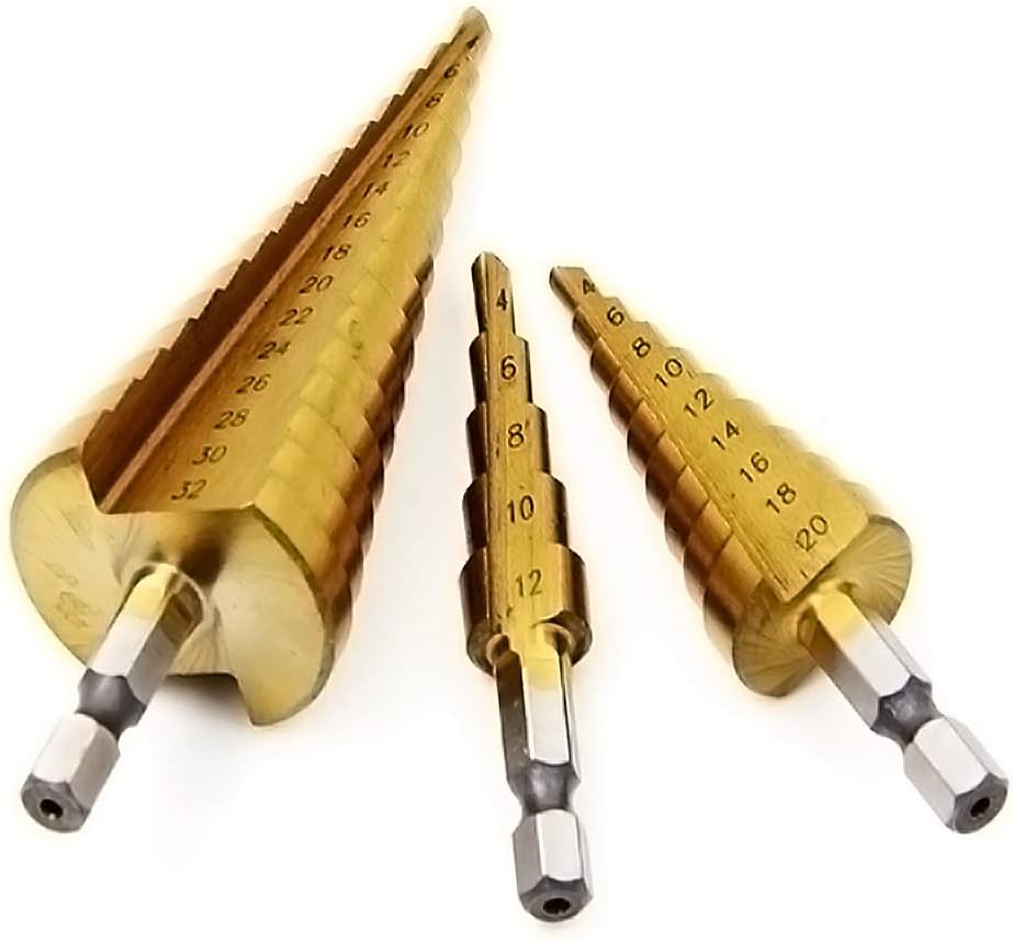 HSS Step Cone Drill Set 3-Piece Set 4-12mm/4-20mm/4-32mm, Titanium Coated HSS Hex Shank Pagoda Drill for Carbon Steel, Sheet Iron, Insulation Boards, PVC Boards and Wood
