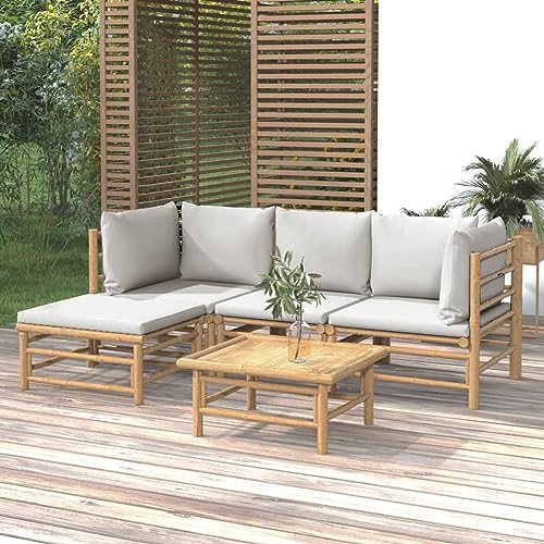 Blukee Muebles de Jardín 5 Piezas-3, Sofa Jardin Exterior de Bambú, Muebles Jardin Exterior Resistentes a Rayos UV, Muebles de Terraza Bambú, Conjunto Jardín con Cojines Gris Claro