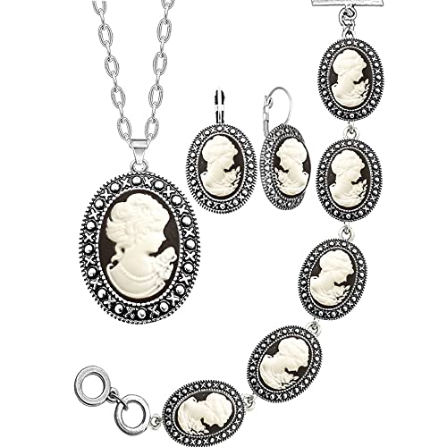 White Lady Queen Cameo Jewelry Sets Vintage Look Necklace Earrings Bracelet Antique Silver Plated Fashion Jewelry