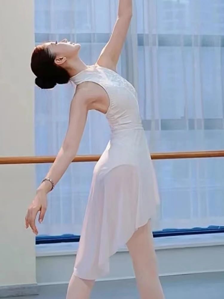 Top da Danza Abbigliamento Body da Danza Classica for Donna, in Cotone e Rete, Body da Ginnastica, Sexy, Senza Schienale, for Ragazze, in Pizzo, Bianco