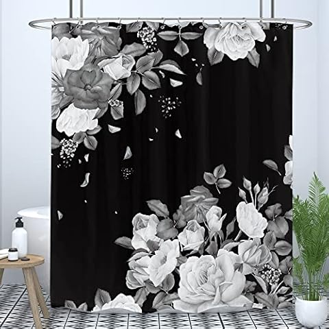 LIGHTINHOME Black Floral Shower Curtain White Gray Blossom Roses 72Wx72H Urban Unique Modern Artwork Waterproof Fabric Home Bathtub Decor 12 Pack Plastic Hooks Cover