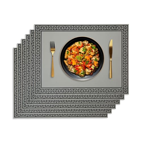 AZONEZ Placemats Set - Pack of 6 | PU Leather, Heat-Resistant, Washable, Luxury Design | Non-Slip | Table Mats 40 x 30 cm | Ideal for Kitchen, Indoor Dining (Grey)