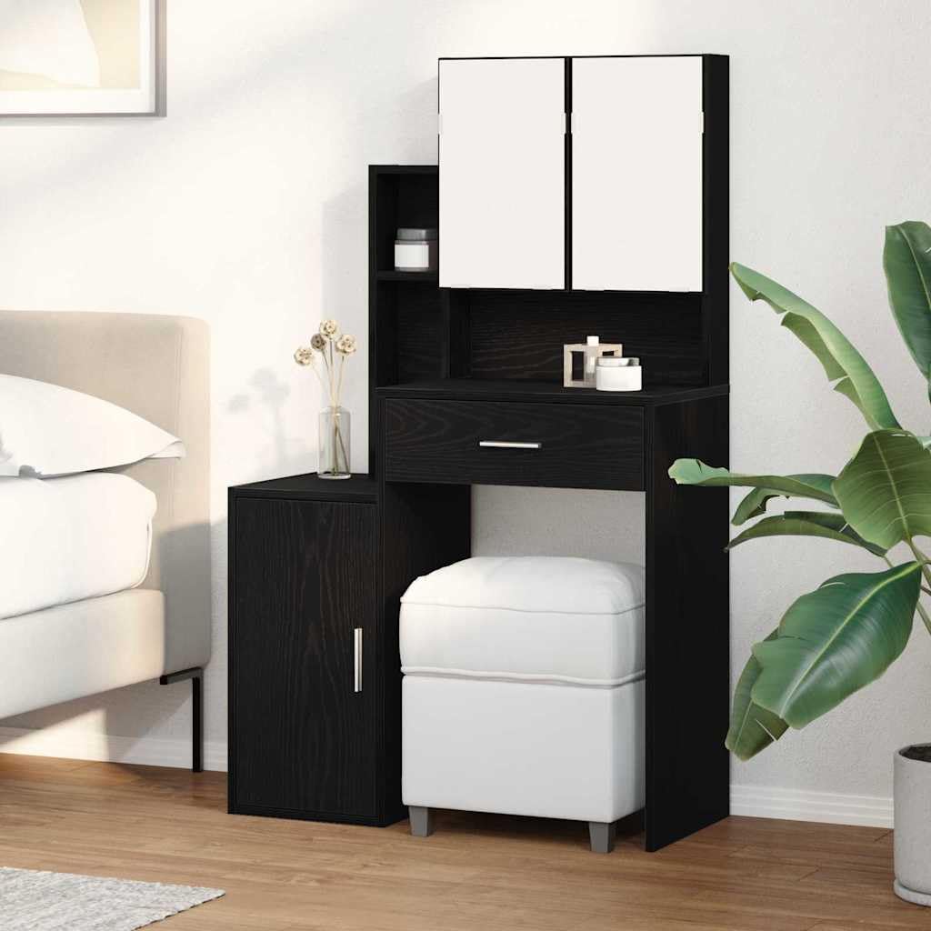 Schminktisch Schwarz Eichen-Optik Holzwerkstoff 80 x 35 x 132 cm mit Spiegel Schublade Stauraum und Ablage für Schlafzimmer Ankleidezimmer Make-up und Pflege