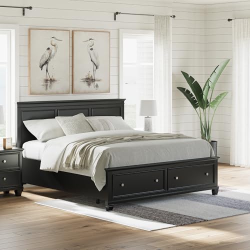 Image of Signature Design by Ashley King Storage Bed Frame and Headboard, Black | Extra-deep footboard drawers, Hardwood solids, birch veneer and MDF substrate storage bed frame, Lanolee Series