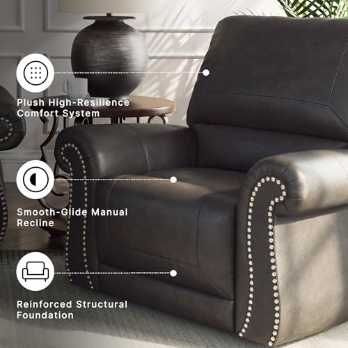 Image of Signature Design by Ashley Shadsburne Classic Faux Leather Manual Rocker Swivel Glider Recliner with Nailhead Trim, Reinforced Frame and Metal Seat Box, 360-Degree Swivel, Black