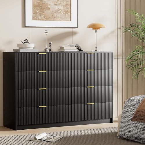 Image of Furniway Black Dresser for Bedroom, Modern Dresser with 8 Drawers and Smooth Slides, Wide Chest of Drawers with Golden Handles for Bedroom, Closet, 15.7 inch D x 55 inch W x 37.4 inch H
