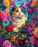 AMBATTERY Punto de Cruz Kit Completo 11CT, Gatos y flores Kit Punto de Cruz con Hilos y Tela Impresa Impreso Completo Contado, Cross Stitch Kit Bordado Principiantes