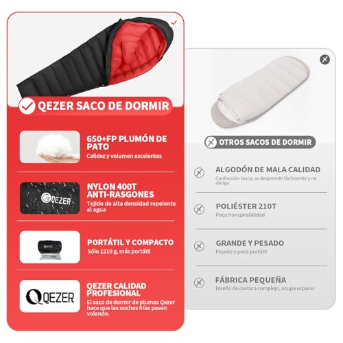 QEZER Winter Sleeping Bag for Adults, Lightweight Down Sleeping Bag -20 Degree C for Cold Weather Camping and Mountaineering Outdoor with 650 FP Duck Down (Black, 700g down)