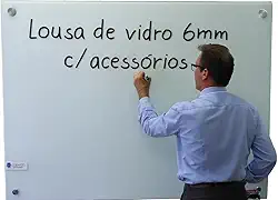 Lousa 1,00 x 0,80 quadro vidro 6mm branca escolar escrita escrever branca 100x80 ou 80x100 com suporte acrilico 2 canetas e apagador kit instalação