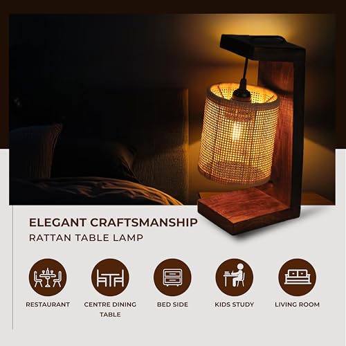 Image of Ikari Homes Vintage Table Lamp I Indonesian Rattan Cane with Braided Wire I Boho Table lamp for Bedroom /Living Room /Office Desk /Restaurants - (Rattan Square Mesh)