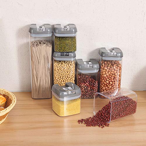 YCOCO Food Airtight Storage Containers with Lids,7 Pieces Plastic Cereal Storage Containers,for Kitchen Pantry Organization and Storage,Include Labels and pen,Grey