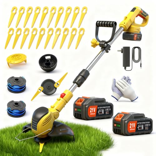 Weed Wacker Cordless,21V Electric Weed Cordless Eater Battery Powered with 2 x 4.0Ah Batteries, Edgers for landscaping/Electric Grass Trimmer/Garden Tools, Adjustable Control Lever