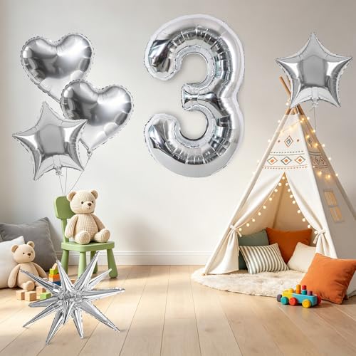 Image of TONIFUL 3rd Birthday Balloons Kit 40Inch Silver Large Number 3 Foil Balloon | with 18Inch Helium Mylar Heart Star Balloons for Kids Women Men Birthday Anniversary Graduation New Year Eve Party Decoration