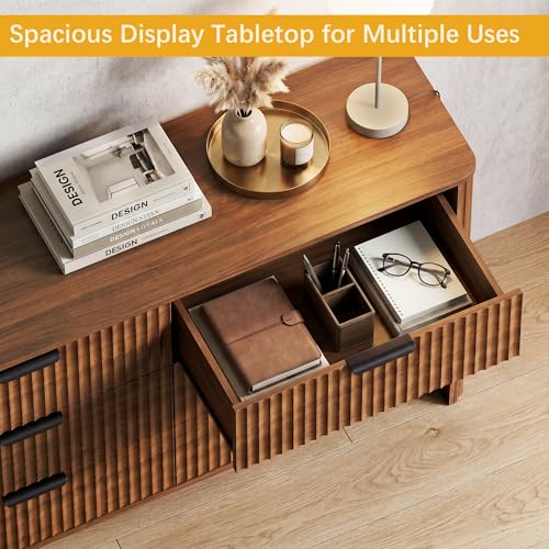 Image of Wodeer 9 Drawer Dresser for Bedroom, 62 inch W Wide Wood Storage Cabinet with Fluted Design, Modern Chest of Drawers & TV Stand for Living Room, Nursery Clothing Organizer with Metal Slides, Anti-Tipping