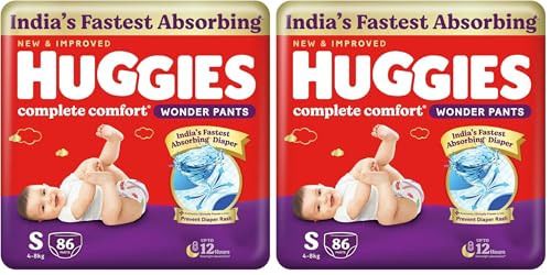 Image of Huggies Complete Comfort Wonder Pants | Pant Style Baby Diapers Small Size (S), 86 Count | India's Fastest Absorbing Diaper, Prevents Diaper Rash, Ideal for 4 to 8 Kgs (Pack of 2)
